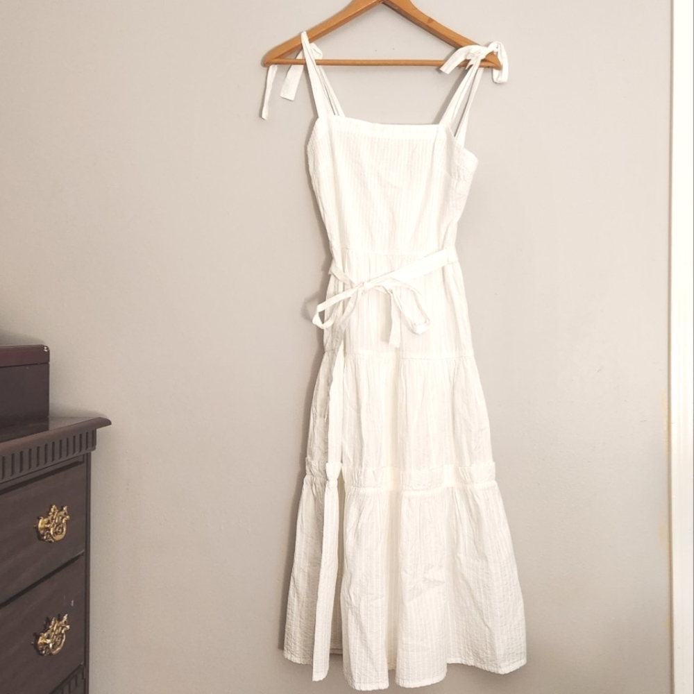 NWT TOPSHOP WHITE COTTON LINEN SUNDRESS PLEATED TIERED  2 S XS Bridal Midi